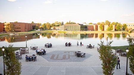 Student Center Patio, lake, and campus buildings